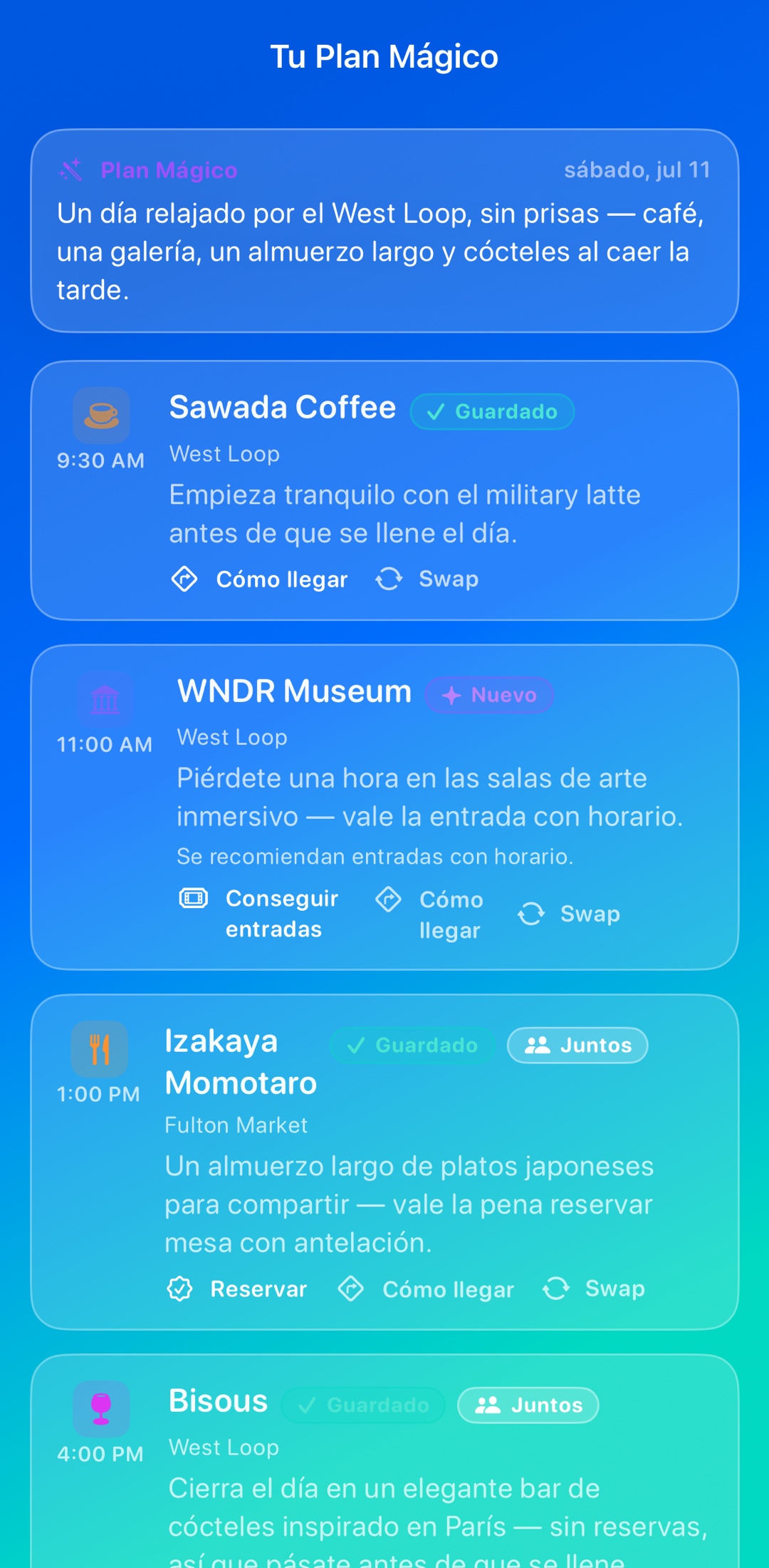Describe tu día. Recibe el itinerario.