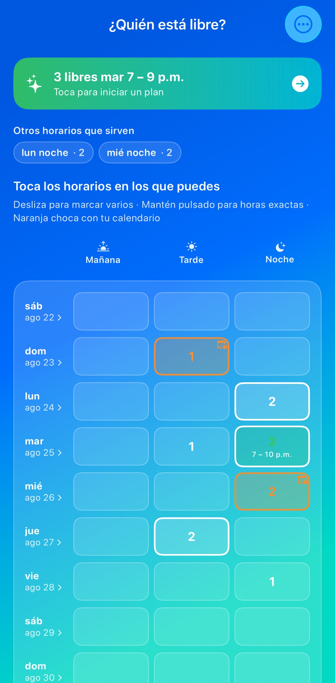La pantalla de ¿Quién está libre? de Whosly — encuentra una hora que le sirva a todo el grupo