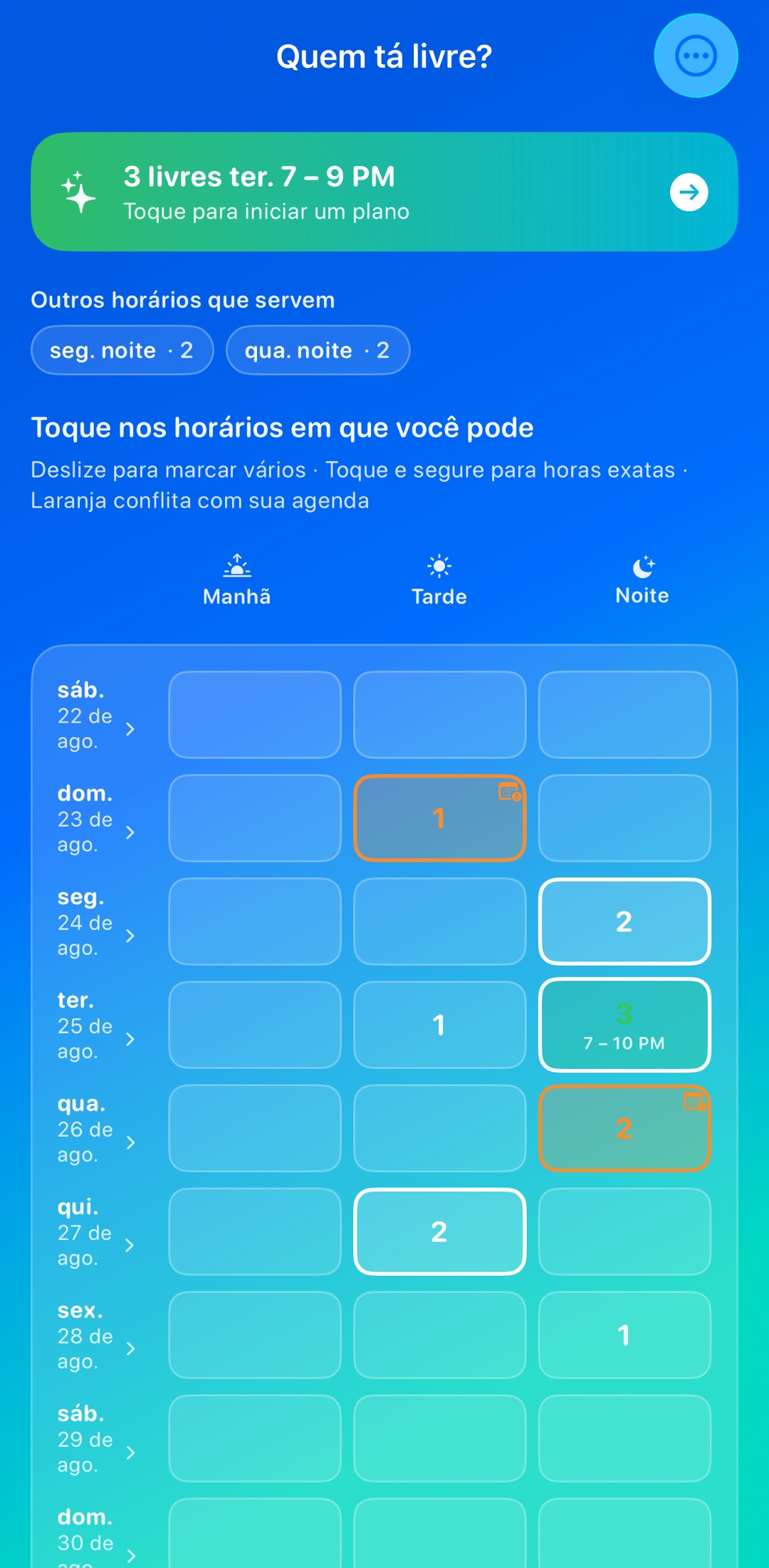 A tela Quem tá livre? do Whosly — encontre um horário que sirva para o grupo todo