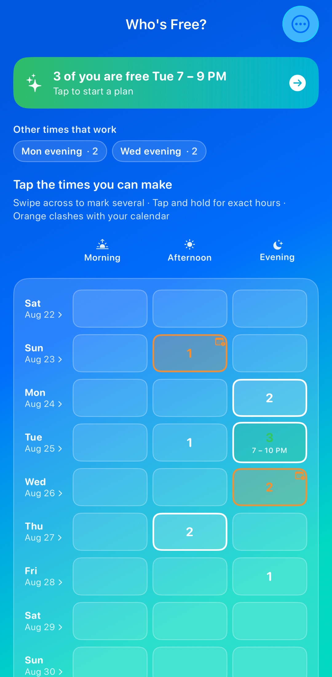 Whosly's Who's Free? screen — finding a time the whole group can make